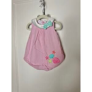 Sunshine Baby Pink Seersucker Seashell Beach Bubble One Piece Outfit 18 MOS